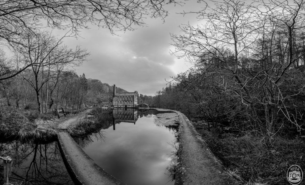 Extra Wide view of Gibson Mill and the Mill Pond at Hardcastle Craggs