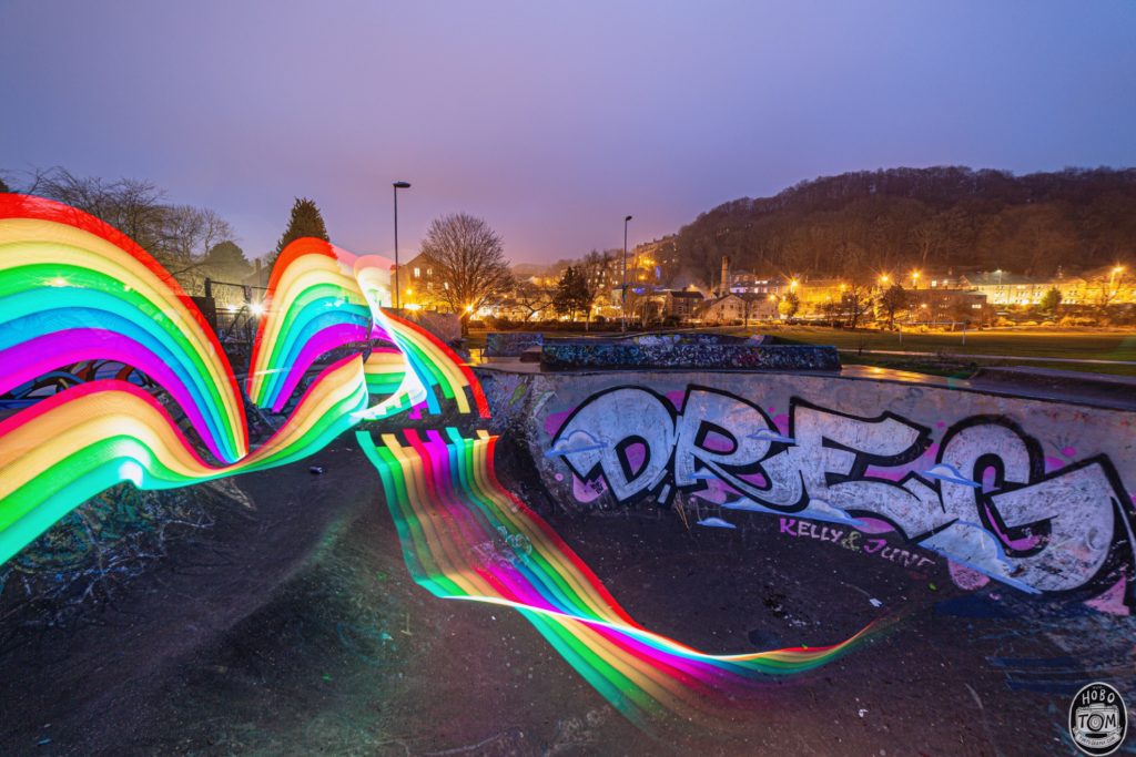 Rainbow light painting in the "DREG" bowl at Hebden Bridge Skate Park